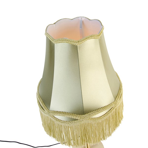 Klassischer Lampenschirm aus goldfarbenem Stoff mit Fransen und dekorativer Zierborte.