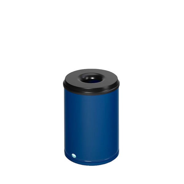 Zylindrischer Abfalleimer in Blau mit schwarzem Deckel und runder Einwurföffnung.