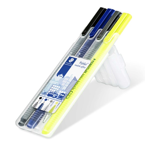 Staedtler Triplus Mobile Office Schreibset in aufstellbarer Kunststoffbox mit Fineliner, Kugelschreiber, Tintenroller und Textmarker.