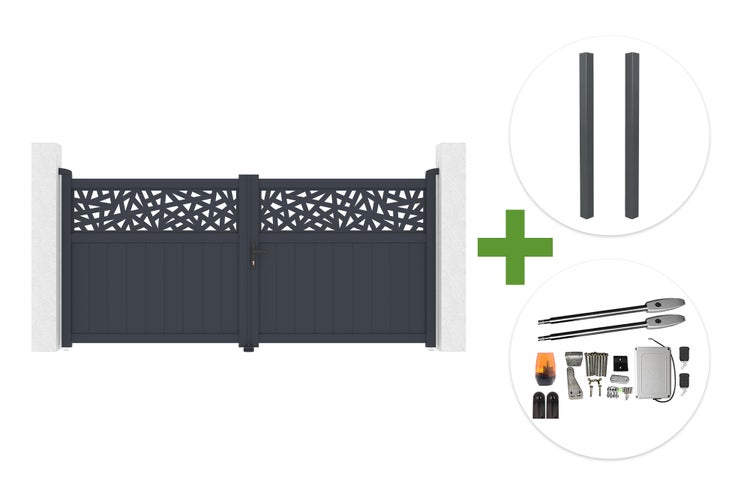 Doppelflügeltor aus Metall mit modernem Design inklusive Pfosten und elektrischem Torantrieb mit Fernbedienungen
