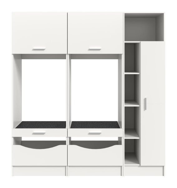 Weißer Hauswirtschaftsschrank mit zwei Arbeitsflächen, Schubladen, offenen Regalen und einem hohen Seitenschrank.