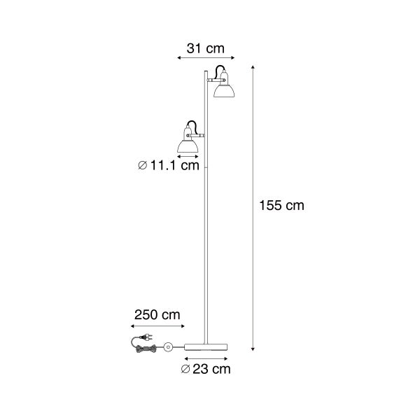 Maßzeichnung einer zweiflammigen Stehleuchte mit Höhe 155 Zentimeter, Breite 31 Zentimeter und einer Kabellänge von 250 Zentimeter.
