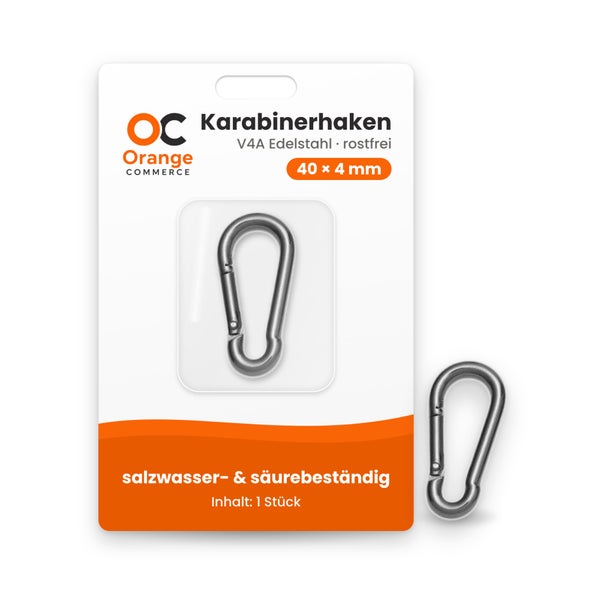 Orange Commerce Karabinerhaken aus V4A Edelstahl rostfrei, 40 mal 4 Millimeter, salzwasser- und säurebeständig, Inhalt ein Stück.