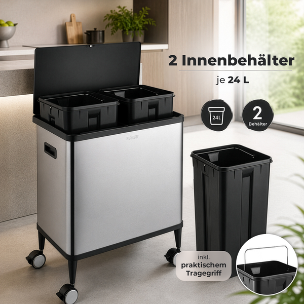 Mobiler Abfalleimer aus Edelstahl mit Rollen, geöffnetem Deckel, zwei herausnehmbaren schwarzen 24-Liter-Innenbehältern und Tragegriff.