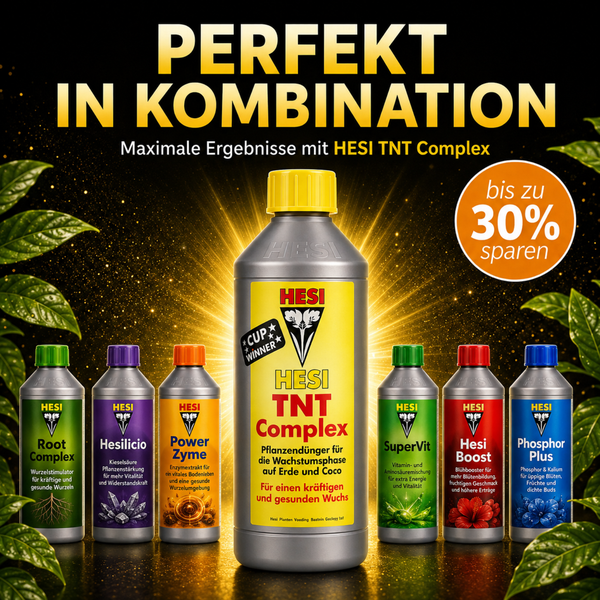 Hesi Pflanzenduenger Set fuer die Wachstumsphase mit TNT Complex und Ergaenzungsprodukten zur optimalen Pflanzenpflege.
