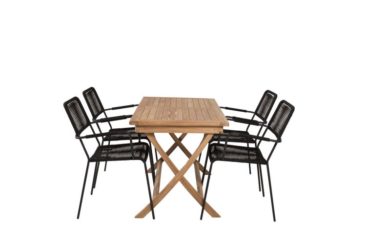 Kenya Gartenset Tisch 70x120cm natur, 4 Stühle Lindos schwarz. 70 X 120 X 75 cm