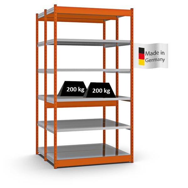 PROREGAL Fachbodenregal Stecksystem Vierkant-Profil Grundregal HxBxT 250 x 132,5 x 50 cm 2x6 Ebenen Doppelseitige Bauart Fachlast 200 kg Orange