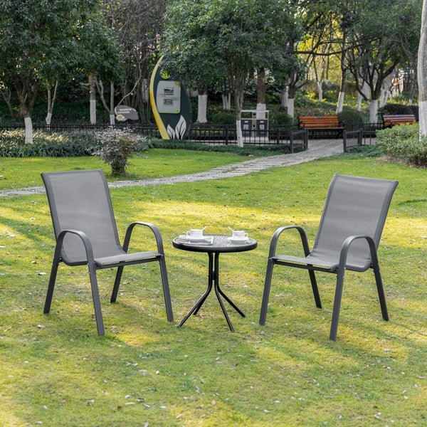 Outsunny 2er Set Gartenstuhl Stapelstuhl mit Armlehne Essstühle Garten Metall Mesh-Gewebe Grau 70 x 54 x 90 cm