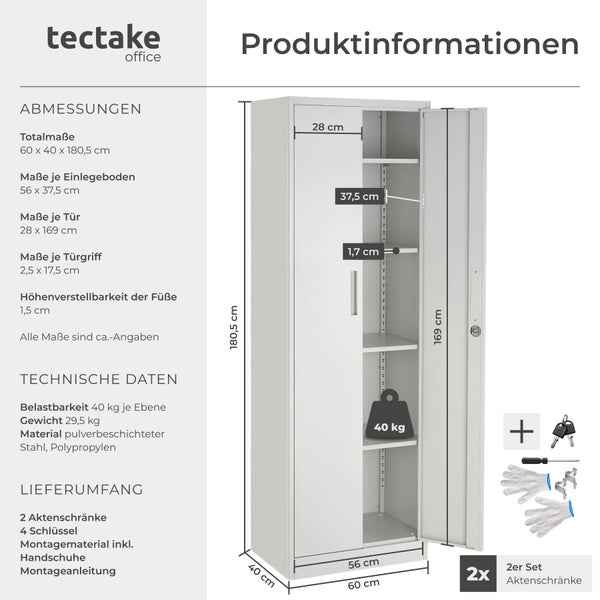 Tectake Office Logo. Abmessungen und technische Daten für 2 Aktenschränke aus Stahl, 60 mal 40 mal 180,5 Zentimeter, Traglast 40 Kilogramm.