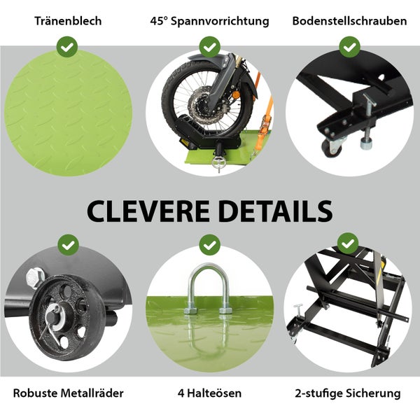 Details des Motorradhebers: Riffelblech, 45-Grad-Spannvorrichtung, Bodeneinstellschrauben, robuste Metallräder, vier Halteösen, zweistufige Sicherung