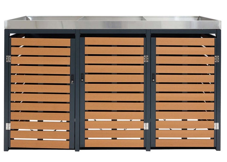 Mülltonnenbox für drei Mülltonnen mit Edelstahlabdeckung