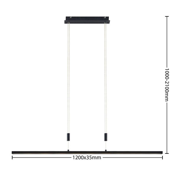 Lineare Pendelleuchte aus schwarzem Metall, Breite 1200 Millimeter, Höhe 35 Millimeter, höhenverstellbar von 1000 bis 2100 Millimeter.
