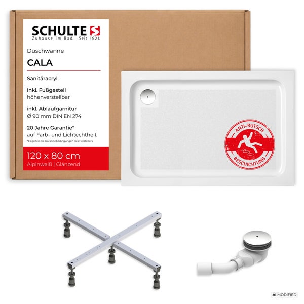 Schulte Duschwanne Cala aus Sanitäracryl 120 mal 80 Zentimeter mit Antirutschbeschichtung inklusive Fußgestell und Ablaufgarnitur