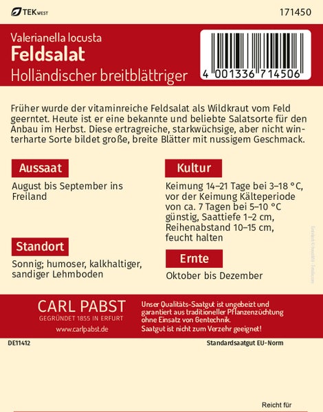 Rückseite einer Samentüte Carl Pabst Feldsalat Holländischer breitblättriger mit Infos zu Aussaat und Ernte. Carl Pabst Logo, TEKWEST Logo.