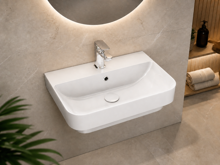 Modernes weißes Wandwaschbecken aus Keramik mit verchromter Armatur in einem hellen Badezimmer mit Fliesenwand und beleuchtetem Rundspiegel.