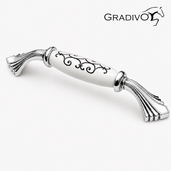 Klassischer Möbelgriff aus Metall und Keramik mit schwarzem Ornamentmuster, GRADIVO Logo.