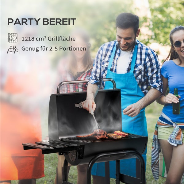 Outsunny Holzkohlegrill, Grillwagen mit Deckel, Ablagen Campinggrill mit Rädern, 83L x 46,5B x 115H cm, Edelstahl, Schwarz