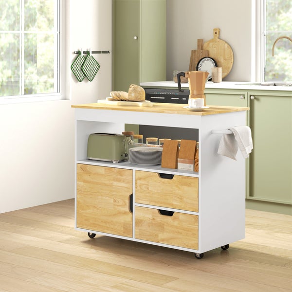HOMCOM Küchenwagen Servierwagen mit Arbeitsplatte, Schubladen, Rollwagen mit Küchenschrank mit Soft-Close-Tür, Griff, Kücheninsel mit offenem Fach für Büro, 107x50x85cm, Eiche