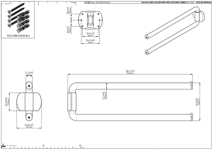 Technische Zeichnung eines Handtuchhalters aus Nylon mit zwei schwenkbaren Armen inklusive Abmessungen in Millimeter, Montagematerial und pba Logo.
