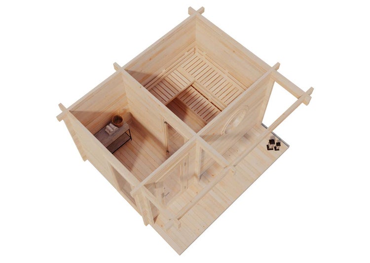 Draufsicht einer Garten-Sauna aus Holz mit Saunaraum, Vorraum, Glastüren und Terrasse.