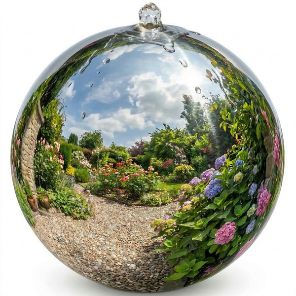 Garten-Wasserspiel in Kugelform aus Edelstahl mit Spiegelung eines blühenden Gartens und fließendem Wasser.
