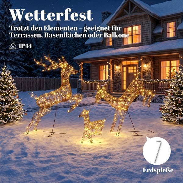 Beleuchtete Rentierfamilie aus Metallgeflecht als Weihnachtsdekoration für den Außenbereich mit Schutzart IP44 und mitgelieferten Erdspießen.