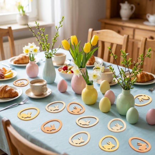 Festlich gedeckter Esstisch mit Osterdekoration aus Holzhasen, Ostereiern und Frühlingsblumen in Vasen für eine frühlingshafte Atmosphäre.