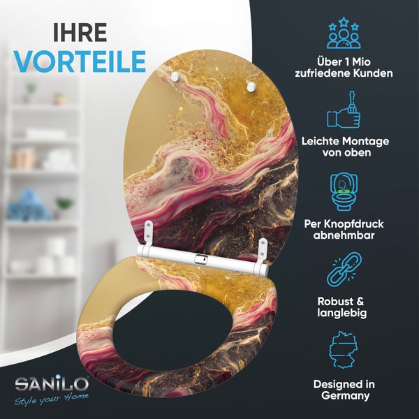 Sanilo WC Sitz mit dekorativem Design, mit Absenkautomatik, Montage von oben und per Knopfdruck abnehmbar für eine einfache Reinigung.