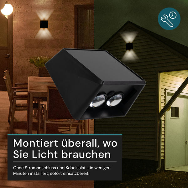 Schwarze Solar Wandleuchte zur Montage im Außenbereich