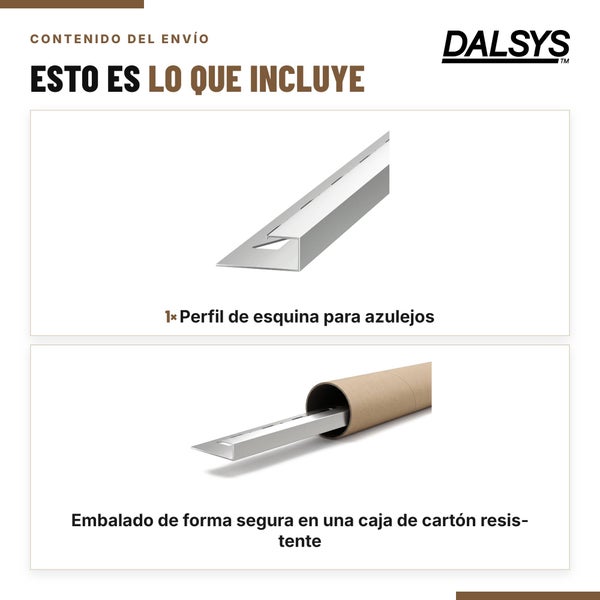 Dalsys Logo und Lieferumfang bestehend aus einem Fliesenwinkelprofil in einer stabilen Versandhülse aus Karton.