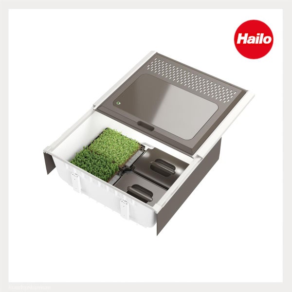 Hailo Micro Garden Küchen-Organisationssystem aus Kunststoff für Schubladen mit Anzuchtstation und Abfallbehältern. Hailo Logo.