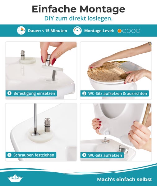 Calmwaters® WC Sitz Motiv Sandstrand einfache Montage, Toilettendeckel bis 250 kg, Made in EU, antibakterieller Duroplast, Absenkautomatik, 2 Montage Optionen, abnehmbar, Klobrille, oval