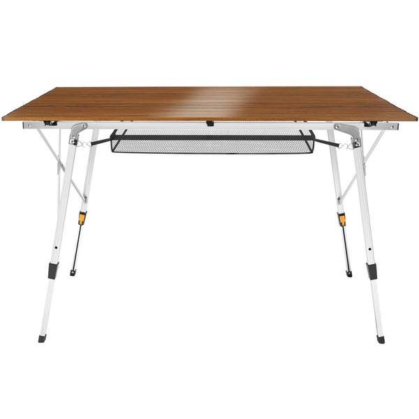 Campingtisch mit Rollplatte in Holzoptik, Aluminiumgestell mit verstellbaren Beinen und Ablagenetz.