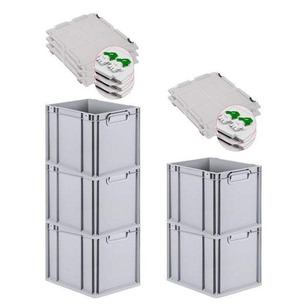 PROREGAL Spar Set 5x Eurobox Nextgen Economy Mit Scharnierdeckel & Grünen Schiebeschnappverschlüsse Griffe Geschlossen HxBxT 32 x 30 x 40 cm 30 Liter
