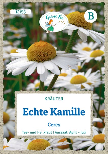 Samentüte Kräuter Echte Kamille Ceres, Tee- und Heilkraut, Aussaat April bis Juli. Grüne Fee Logo.