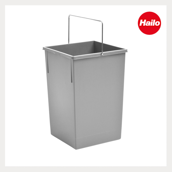 Grauer Kunststoffeimer-Einsatz mit Metalltragebügel und Hailo Logo.