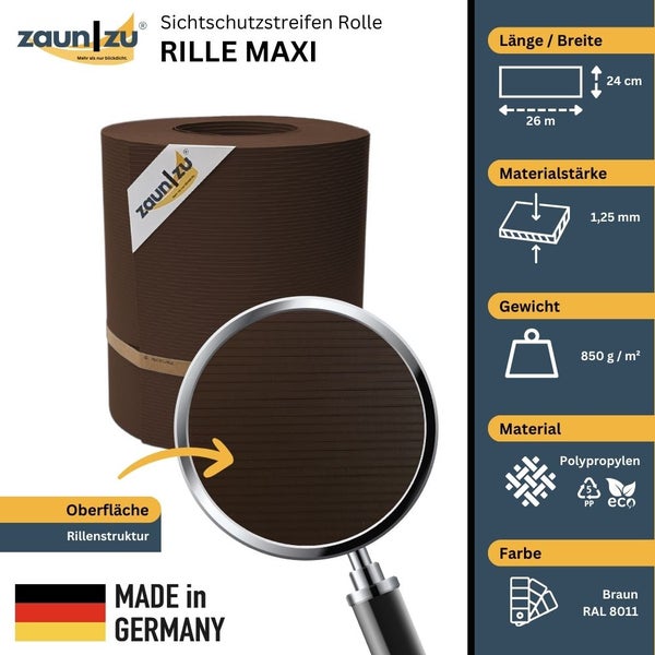 Zaun zu Sichtschutzstreifen Rolle Rille Maxi, Länge 26 Meter, Breite 24 Zentimeter, Materialstärke 1,25 Millimeter, Gewicht 850 Gramm pro Quadratmeter, Material Polypropylen, Farbe Braun RAL 8011, Made in Germany