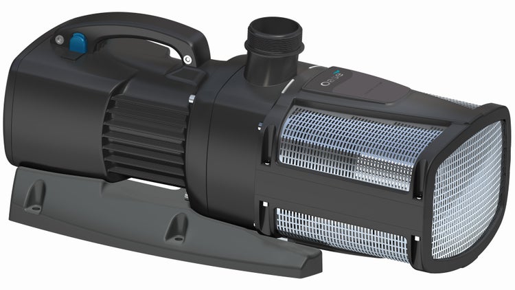 Oase Teichpumpe mit Tragegriff, Gewindeanschluss, integriertem Filterkorb und Oase Logo.