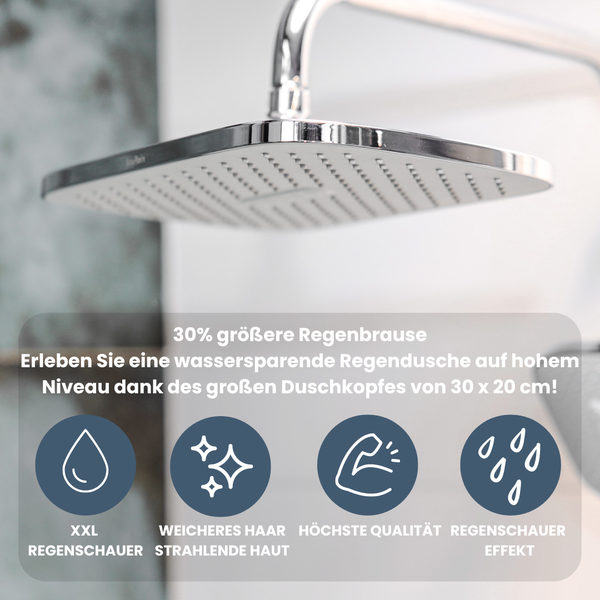 EcoRain 30% Wassersparender Regenduschkopf Mark 30 CM Rechteckig - Hoher Wasserdruck - Universeller Anschluss - Anti-Kalk Duschkopf - Chrom