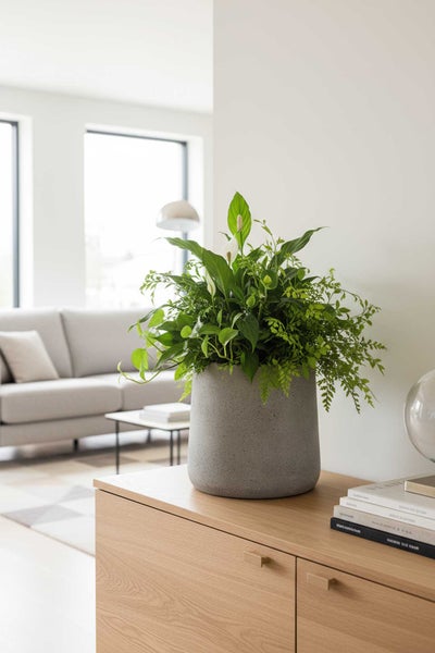 Ein Pflanzkübel in Steinoptik mit Monstera und Farn auf einer hellen Fensterbank vor einem Fenster mit Blick in den Garten.