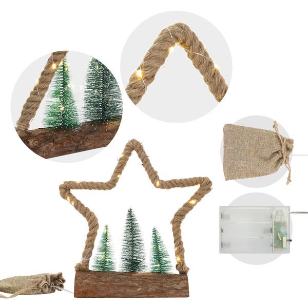 ECD Germany LED Jute Stern mit LED-Beleuchtung 33x9,5x30 cm, Deko Weihnachtsstern aus Seil mit 30 warmweißen LEDs, 3 Tannen, Jutesäckchen, Batterien, Timer, Weihnachtsbeleuchtung Weihnachtsdeko Innen