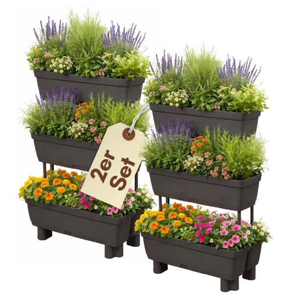 Zwei bepflanzte Kräutertreppen mit je drei Pflanzkästen im Set