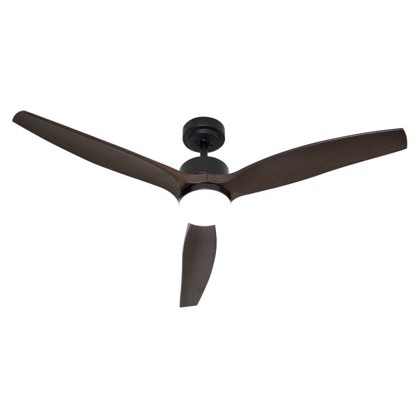 Moderner Deckenventilator mit drei Flügeln in dunkler Holzoptik und integrierter Beleuchtung.