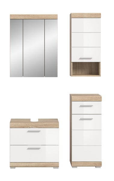 Badezimmermöbel Set bestehend aus Spiegelschrank, Hochschrank, Waschbeckenunterschrank und Beistellschrank in Eiche-Optik und Weiß.