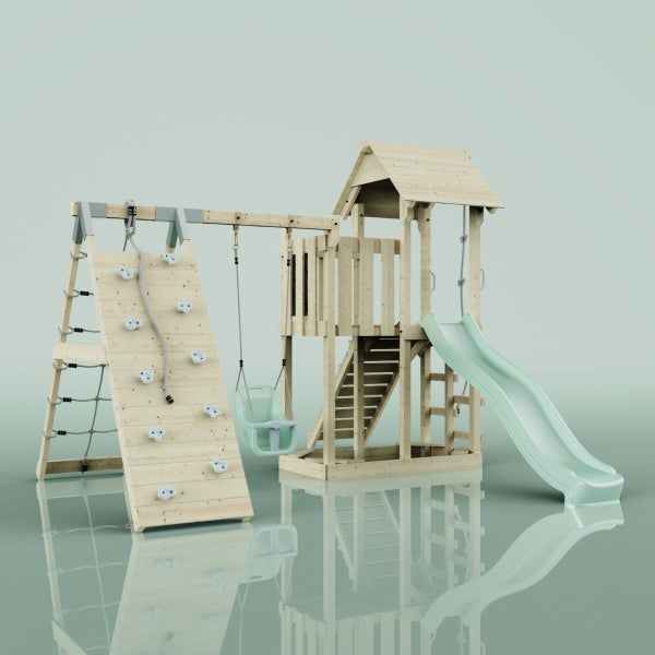 Holzspielplatz mit Rutsche, Schaukel und Kletterwand