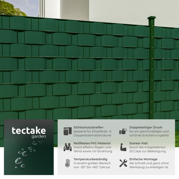 Nahaufnahme eines Sichtschutzzauns mit tectake Garden Logo und Produktvorteilen.