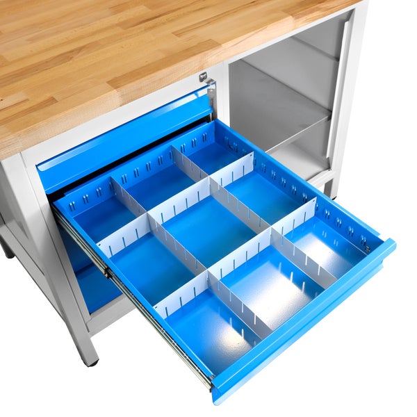 PROREGAL Werkbank Rhino mit 4 Schubladen Regalteil HxBxT 84 x 120 x 60 cm Traglast 300 kg Lichtgrau Blau