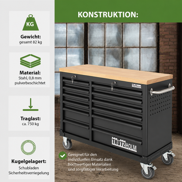 Fahrbare Werkbank mit Holzplatte, kugelgelagerten Schubladen aus pulverbeschichtetem Stahl und einer Traglast von circa 750 Kilogramm.