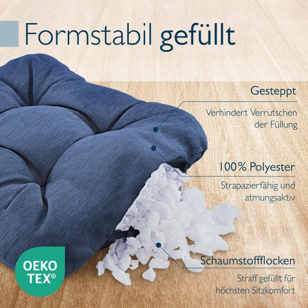 Detailansicht eines formstabil gefüllten Sitzkissens mit gesteppter Oberfläche und Schaumstoffflockenfüllung, zertifiziert mit dem OEKO-TEX Siegel.