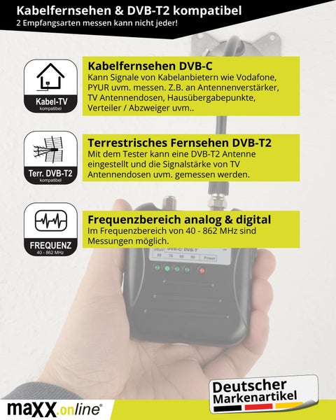 maxx.onLine Signaltester Kabelfernsehen Messgerät DVB-C/DVB-T, Antennensignal messen, Signalstärke Kabelfernsehen überprüfen, Kabel TV analog/digital Tester